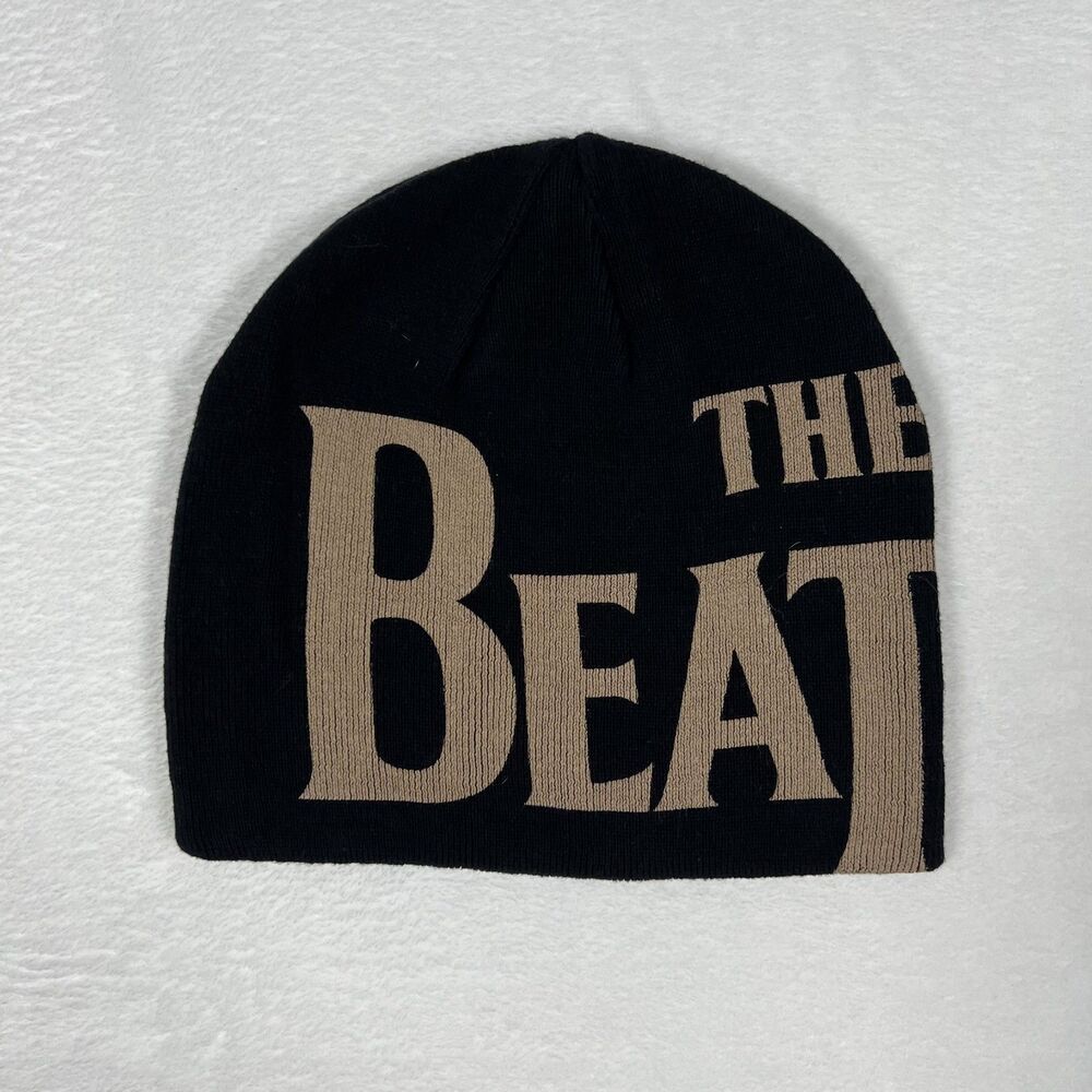 The Beatles Reversible Beanie Hat Black Tan Red Logo Knit Winter Cap Unisex